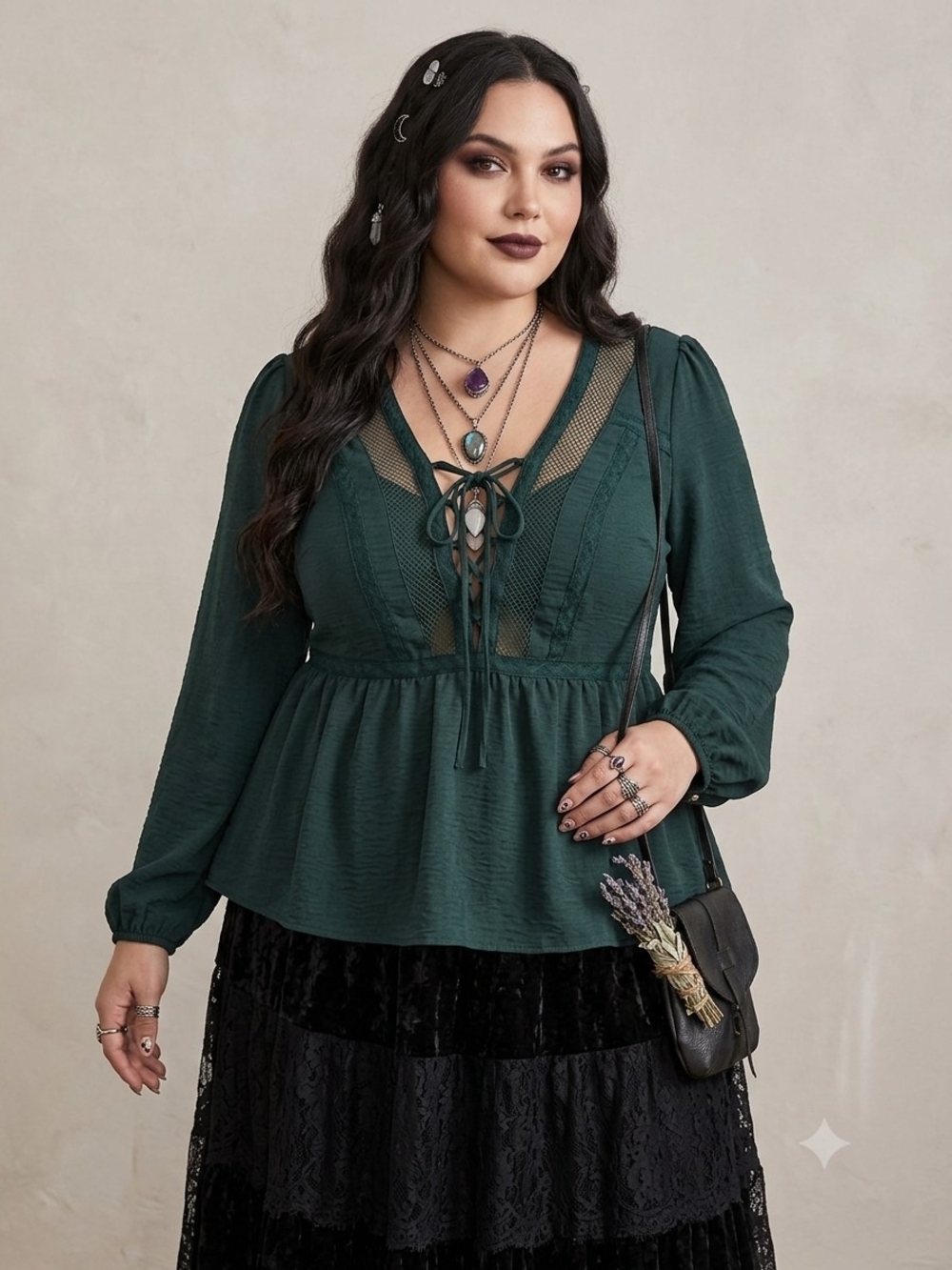 Love & Legend Dark Forest Green Babydoll Lace-Up Mesh Blouse Plus Size 20